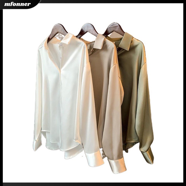 Áo Sơ Mi Satin Dài Tay Dáng Rộng Màu Sắc Đơn Giản Thanh Lịch Cho Nữ