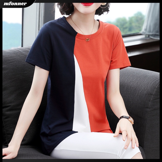 Áo Thun Tay Ngắn Cổ Tròn Dáng Rộng Màu Sắc Tương Phản Thời Trang Mùa Hè Cho Nữ