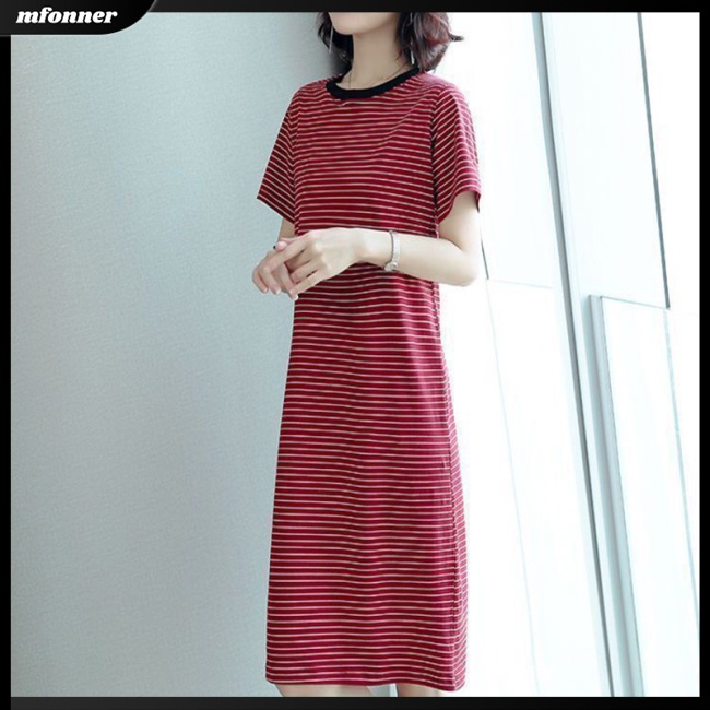 Đầm Thun Dáng Dài Qua Gối Tay Ngắn Cổ Tròn Họa Tiết Kẻ Sọc Thời Trang Cho Nữ