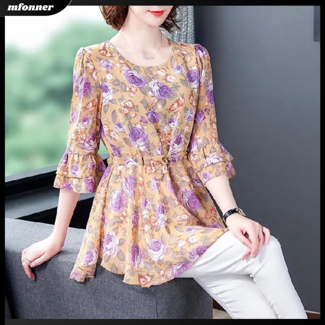 Áo Nữ Tay Ngắn Cổ Tròn Dáng Rộng In Hoa Thời Trang