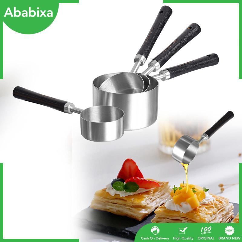 Bộ 4 Cốc Đo Lường Bằng Thép Không Gỉ Với Tay Cầm Bằng Gỗ Tiện Dụng Cho Nhà Bếp