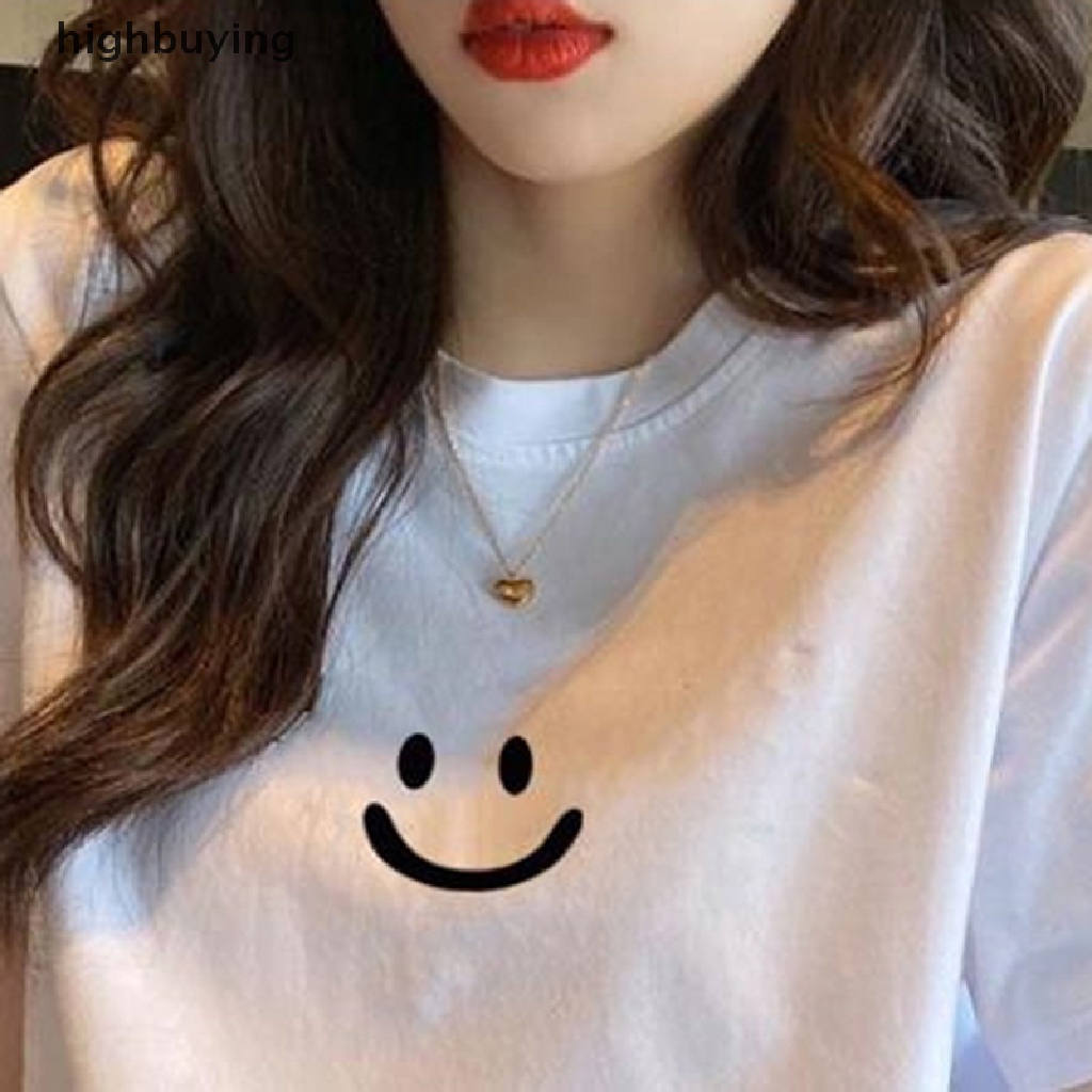 Áo Thun Tay Ngắn Cổ Tròn In Hình Mặt Cười Xinh Xắn Cho Nữ