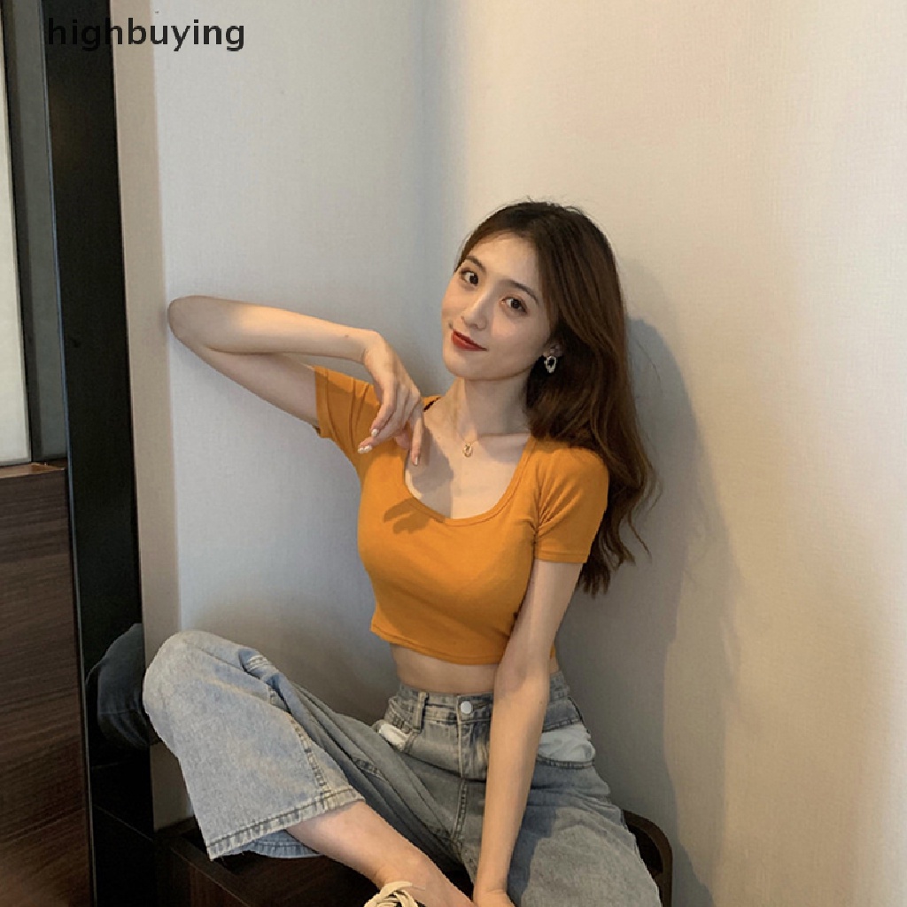 Áo Thun Lửng Cổ Vuông Tay Ngắn Màu Sắc Đơn Giản Cho Nữ