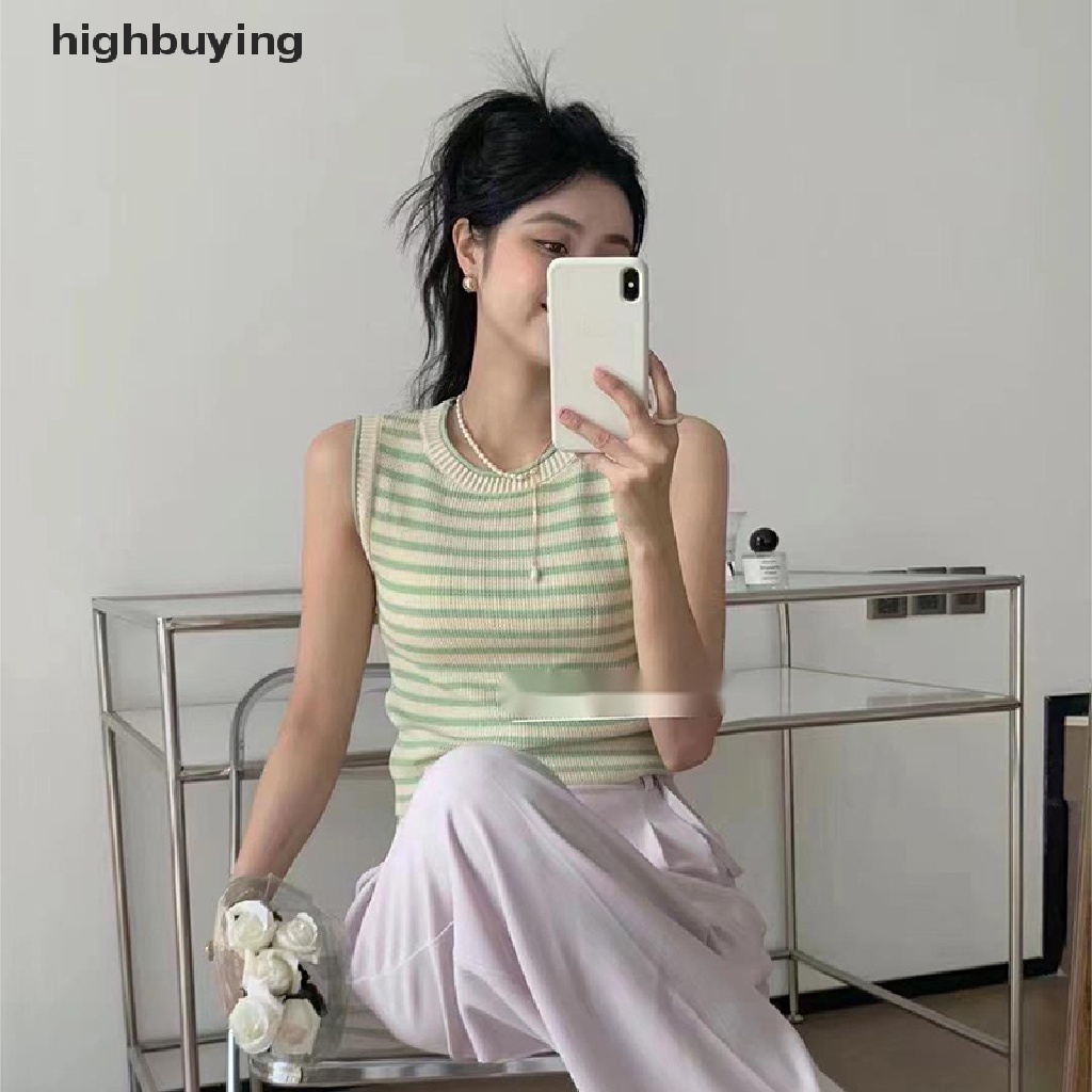 Áo Hai Dây Dệt Kim Cổ Tròn Họa Tiết Kẻ Sọc Phong Cách Retro Cho Nữ