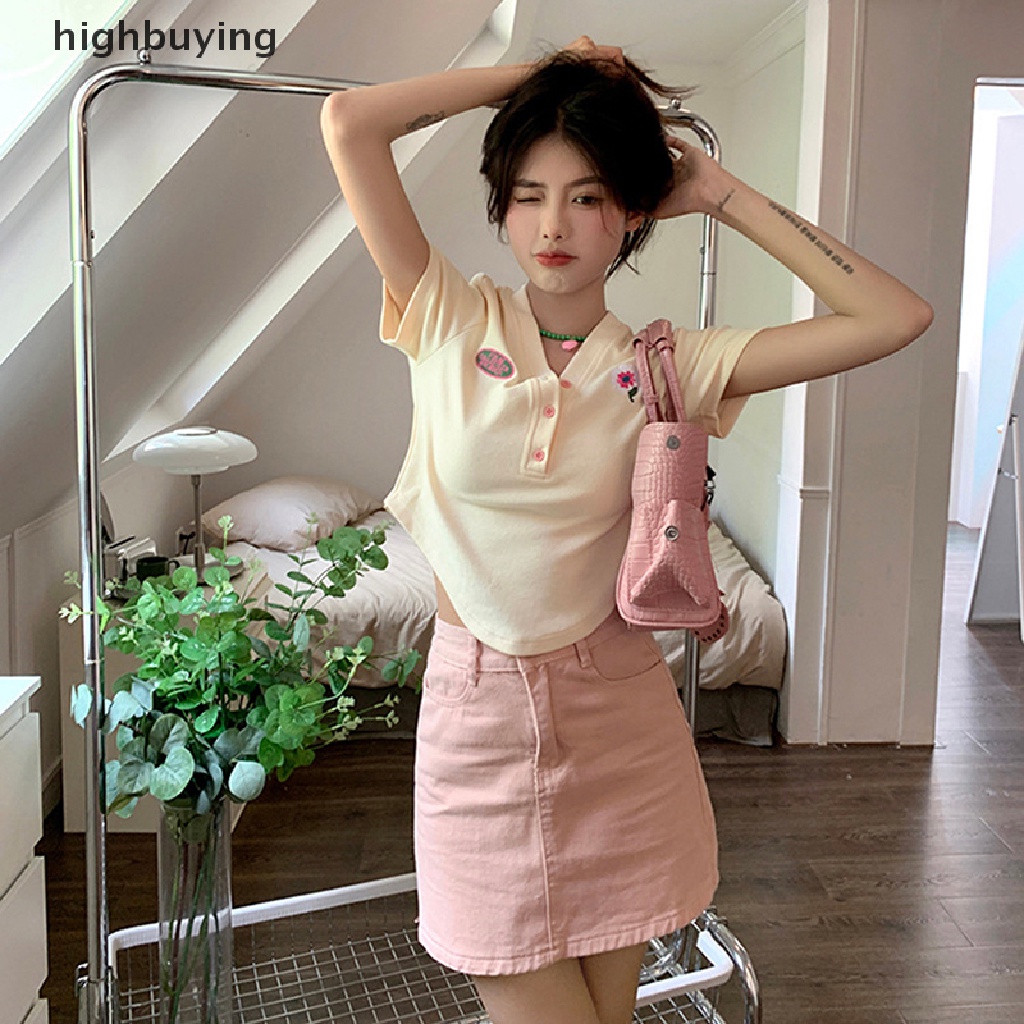 Áo Thun Lửng Ngắn Tay Cổ V Thêu Họa Tiết Thời Trang Cho Nữ