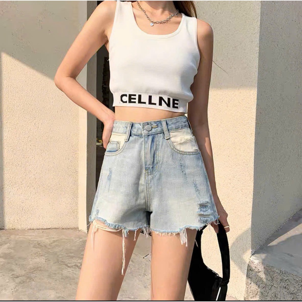 Quần Sọt Jean Nữ Hàng Jean Cotton Mẫu Rách 1 Bên Tua Lai Phối Màu Dành Cho Bạn Gái Từ 35-49kg