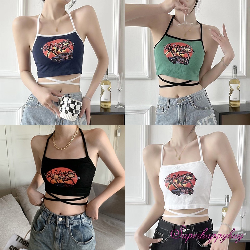 Áo Yếm Lửng Hai Dây Có Đệm Ngực In Họa Tiết Phong Cách Mỹ Dành Cho Nữ