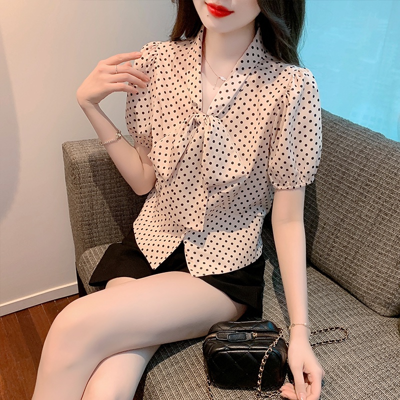 Áo Sơ Mi Lụa Tay Phồng Thắt Nơ Họa Tiết Chấm Bi Phong Cách Retro Mẫu Mới 2023 Thời Trang Cho Nữ