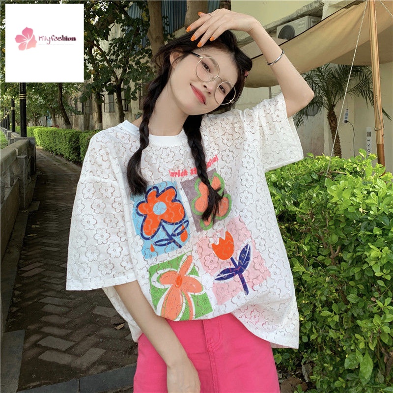 Áo Thun Tay Ngắn Dáng Rộng In Hoa Cỡ Lớn Thời Trang Mùa Hè