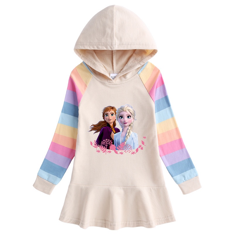 Đầm Hoodie Tay Dài In Hình Elsa Anna Hoạt Hình Dành Cho Bé Gái