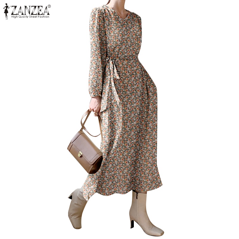 Zanzea Đầm Nữ Tay Dài Phồng Cổ Chữ V In Hoa Thanh Lịch