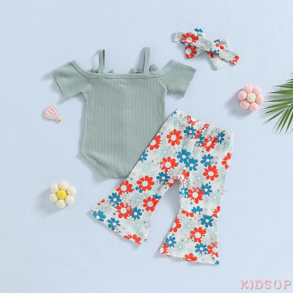 Bộ Áo Liền Quần Tay Ngắn Hở Vai Kèm Quần Ống Loe Co Giãn Thời Trang Mùa Hè Cho Bé Gái 1 Tuổi