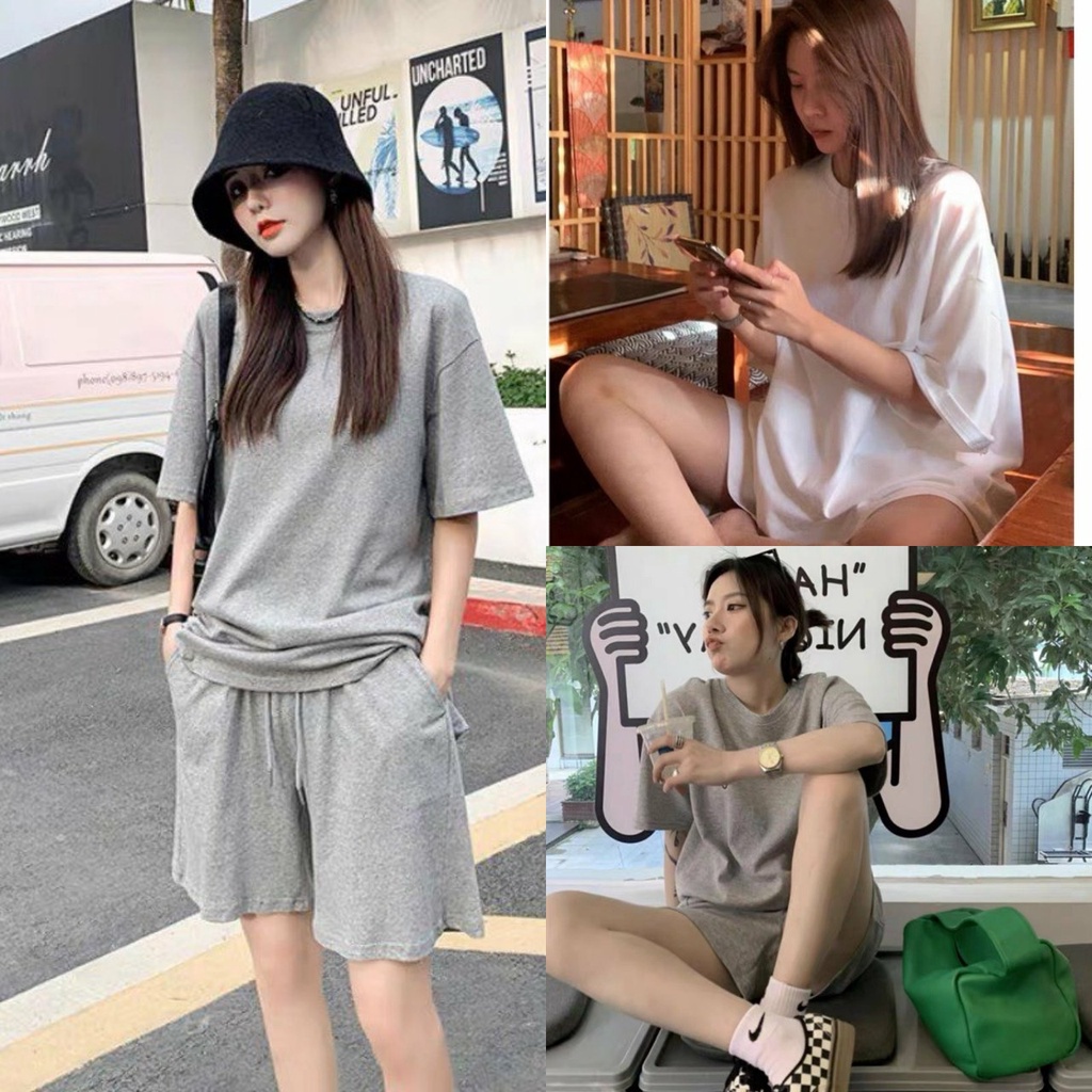 Bộ Thun Trơn Cộc Tay Dáng Rộng 3 Màu dưới 60kg - Set Áo Phông Nữ Quần Short X0131