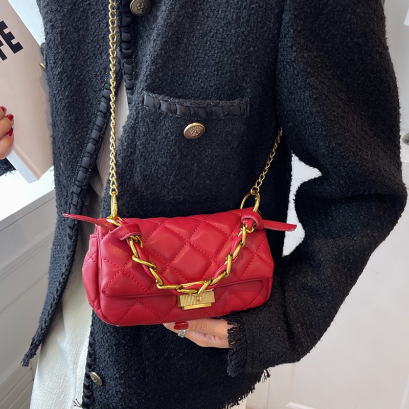 Túi Xách Đeo Vai Màu Trơn Thêu Họa Tiết Hình Thoi Thời Trang Hàn Quốc Cho Nữ