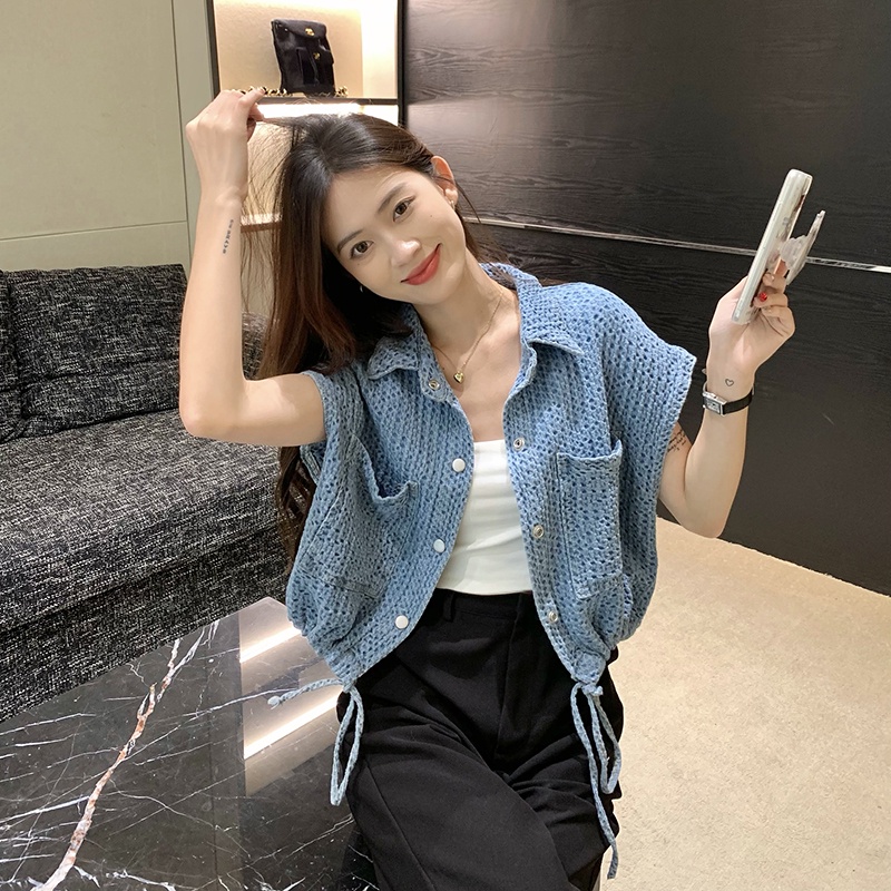 Áo Khoác Denim Không Tay Dáng Rộng Phối Dây Rút Thời Trang Mùa Hè Hàn Quốc Dành