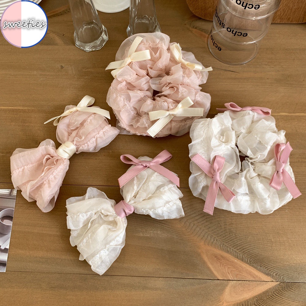 Dây Buộc Tóc Thắt Nơ Ruy Băng Lưới Màu Hồng Kem Cỡ Lớn Cho Nữ