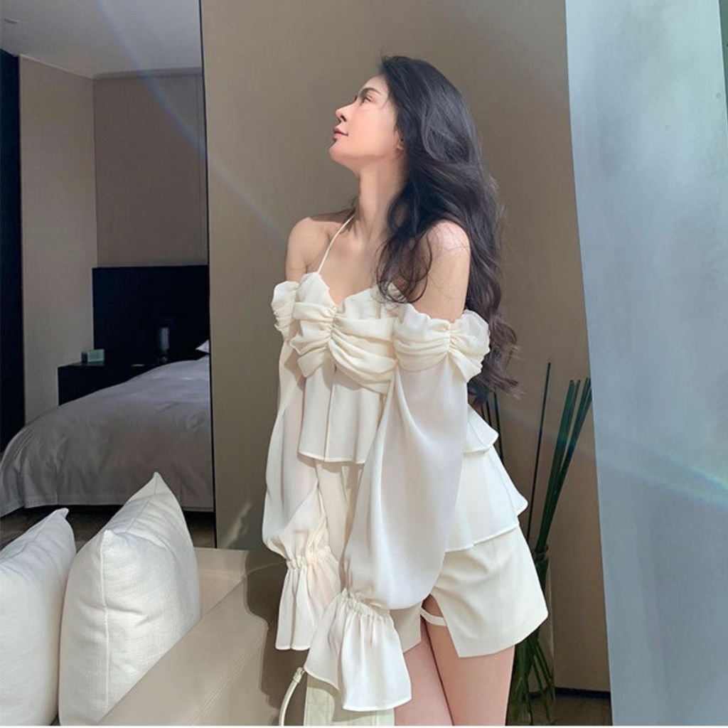 Áo trễ vai tay dài PINKSTORE29 phối cổ dây rút nhún ngực, phong cách tiểu thư xinh xắn A5700
