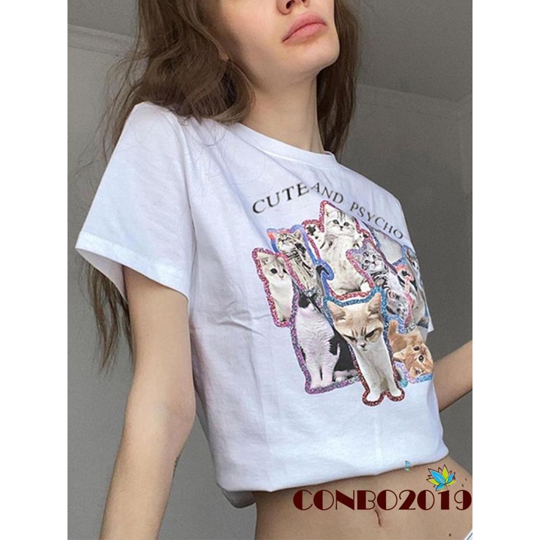 Áo Thun Crop Top Tay Ngắn Cổ Tròn In Hình Mèo Và Chữ Thời Trang Mùa Hè Cho Nữ