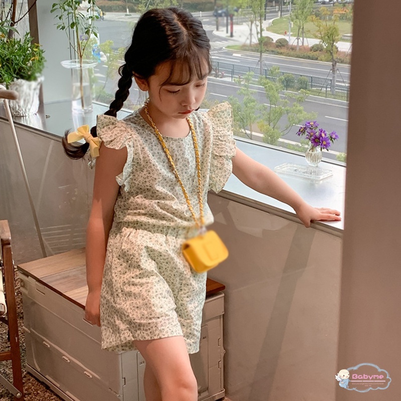 Set Đồ 2 Món Gồm Áo Tay Xòe Cánh Hoa + Quần Ngắn Lưng Thun Phong Cách Hàn Quốc Cho Bé Gái