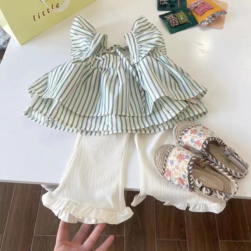 Áo Sơ Mi Tay Cánh Tiên Kẻ Sọc Caro + Quần Ống Loe Thời Trang Xuân Hè Phong Cách Hàn Quốc Cho Bé Gái