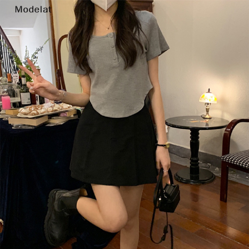 Áo Thun Croptop Tay Ngắn Cổ Vuông Màu Trơn Thời Trang Mùa Hè Dành Cho Nữ