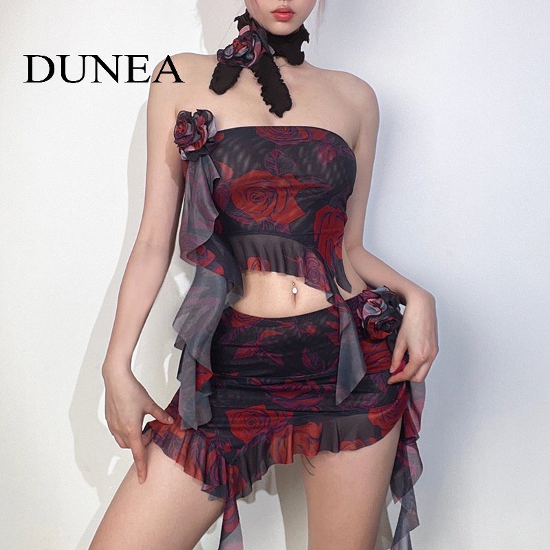 DUNEA Set Áo Cúp Ngực Và Chân Váy Họa Tiết Hoa Quyến Rũ Dành Cho Nữ
