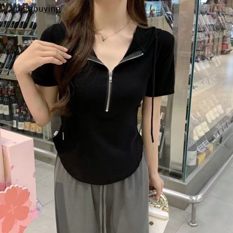 Áo Thun Tay Ngắn Có Khóa Kéo Màu Sắc Thời Trang Cho Nữ