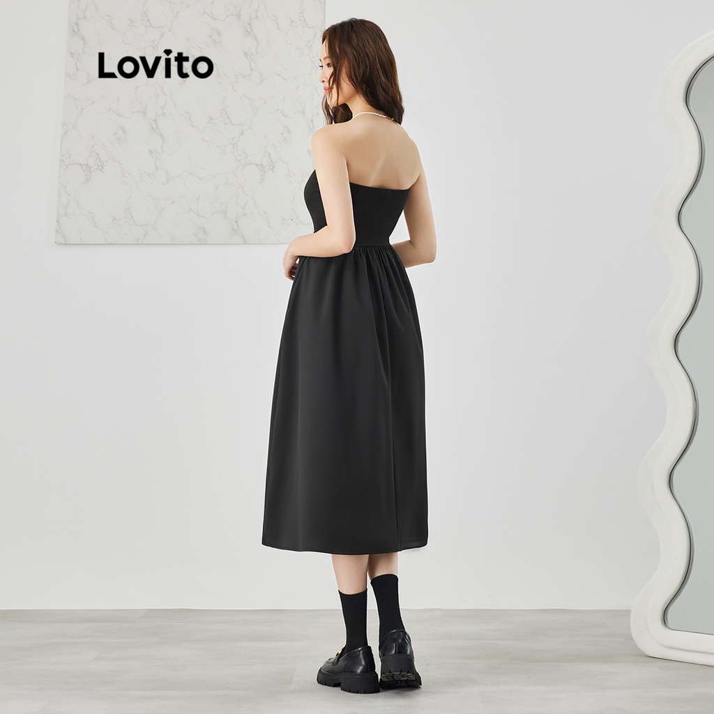 Đầm Lovito chất liệu tương phản màu đen trơn thanh lịch cơ bản cho nữ L47AD034 (màu đen)