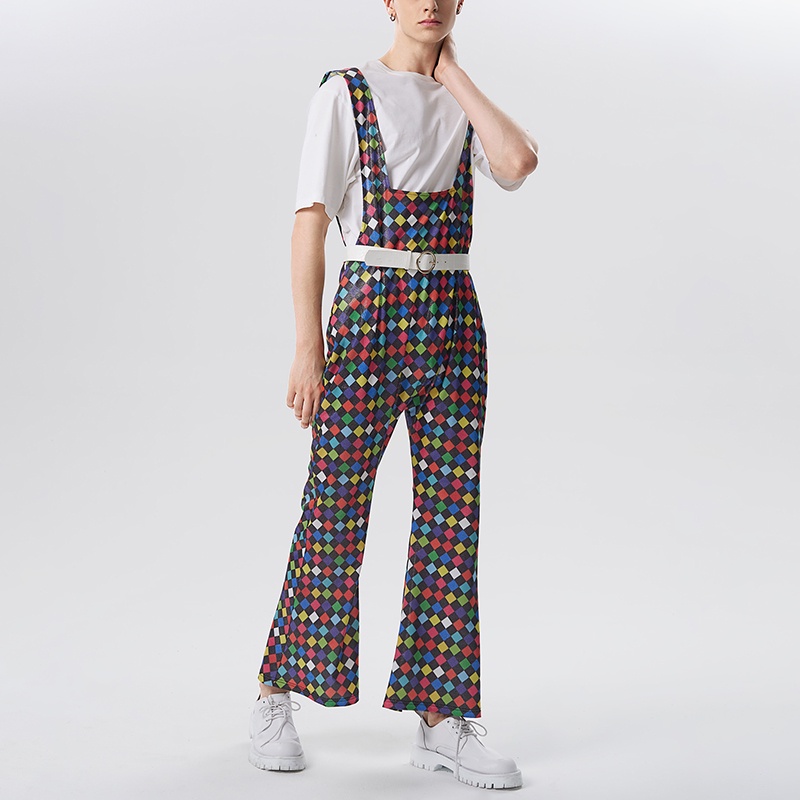 Quần yếm INCERUN không tay dáng chữ U họa tiết sọc caro thời trang cá tính cho nam