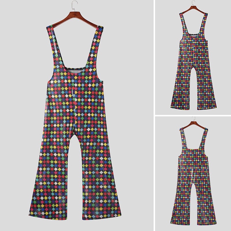 Quần yếm INCERUN không tay dáng chữ U họa tiết sọc caro thời trang cá tính cho nam