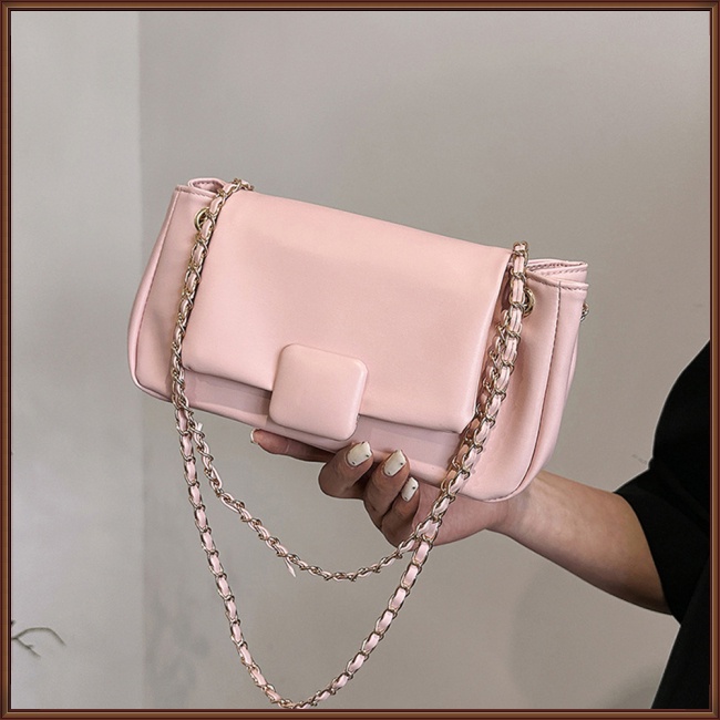 Túi Đeo Chéo Da Pu Màu Trơn Phối Dây Xích Thời Trang Cho Nữ