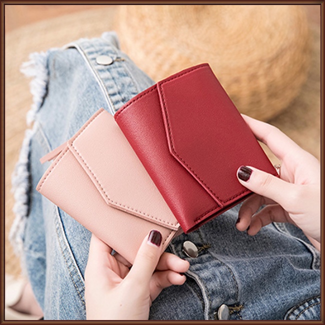 Ví Da PU Ngắn Gập 3 Màu Trơn Có Khóa Nam Châm Cho Nữ