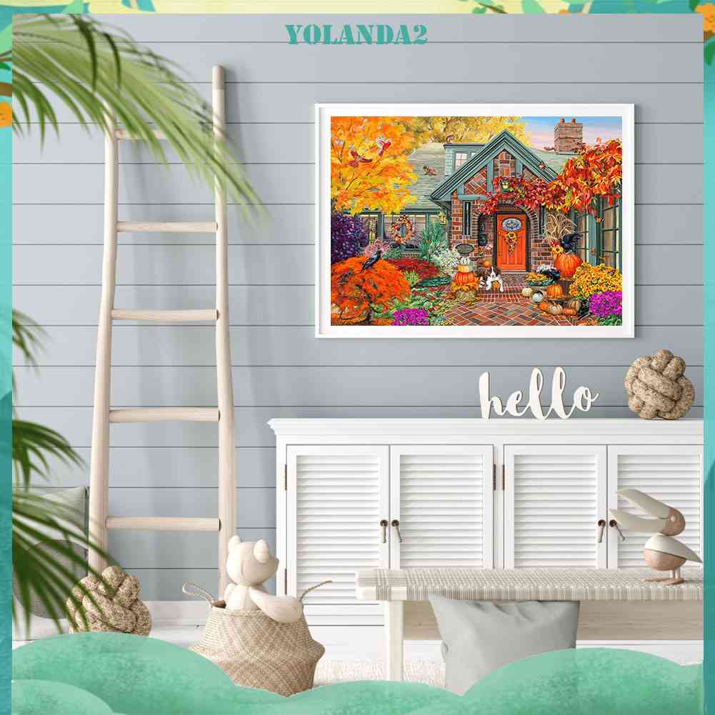 Tranh Đính Đá Kim Cương Toàn Bộ 5D DIY Hình Chú Chó Ngoài Sân Vườn Mùa Thu