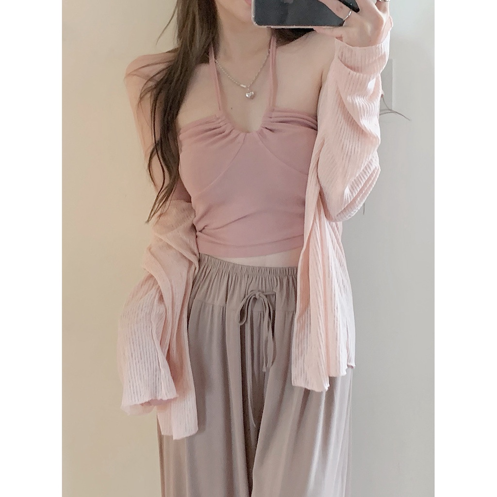 Áo Croptop Hai Dây Màu Hồng Ngọt Ngào Và Gợi Cảm Cho Nữ Xia Chun 'S Desire Phong Cách Với Áo Sơ Mi Nhỏ Lộ Rốn