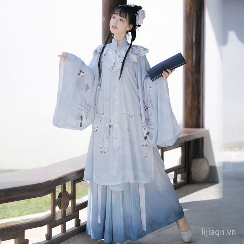 Quần Áo Neon Lông Vũ Cổ Đứng Vai Mây In Màu Neon Hanfu Mùa Xuân Hè [Áo Sơ Mi Dài Chính Hãng Thêu Họa Tiết