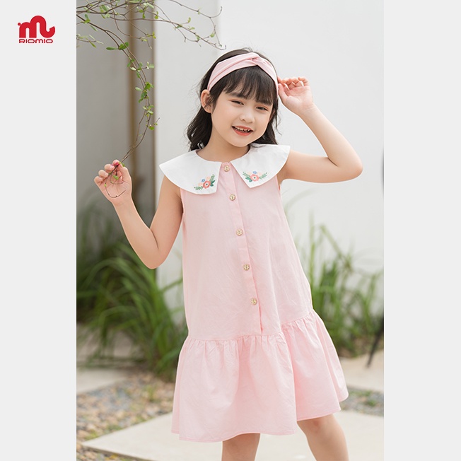 Váy sát nách bé gái Riomio đầm thô cotton cao cấp cổ bẻ thêu hoa 3,4,5,6,7,8,9 tuổi dã ngoại đi học RV575