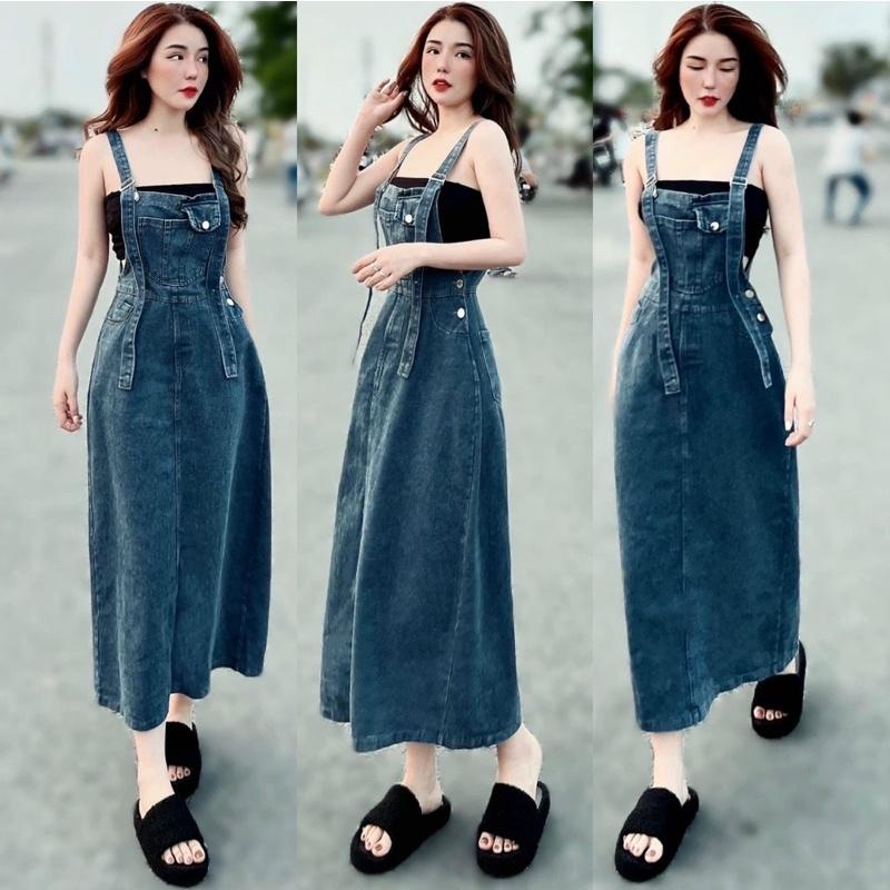 Váy yếm jean dáng dài túi kiểu đơn giản thanh lịch
