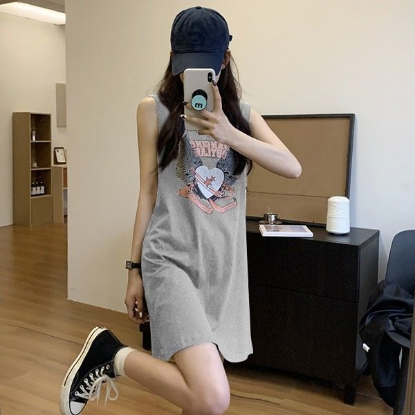 COZOK Đầm Lửng Không Tay Dáng Rộng In Họa Tiết Thời Trang Gợi Cảm Dành Cho Nữ