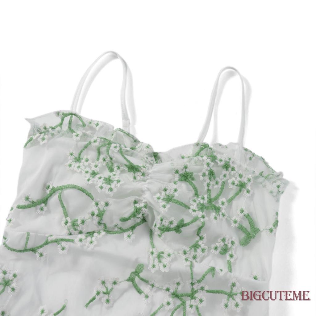 [] - Đầm Mini Hai Dây Phối Lưới Thêu Hoa Phía Trước Mùa Hè Cho Nữ