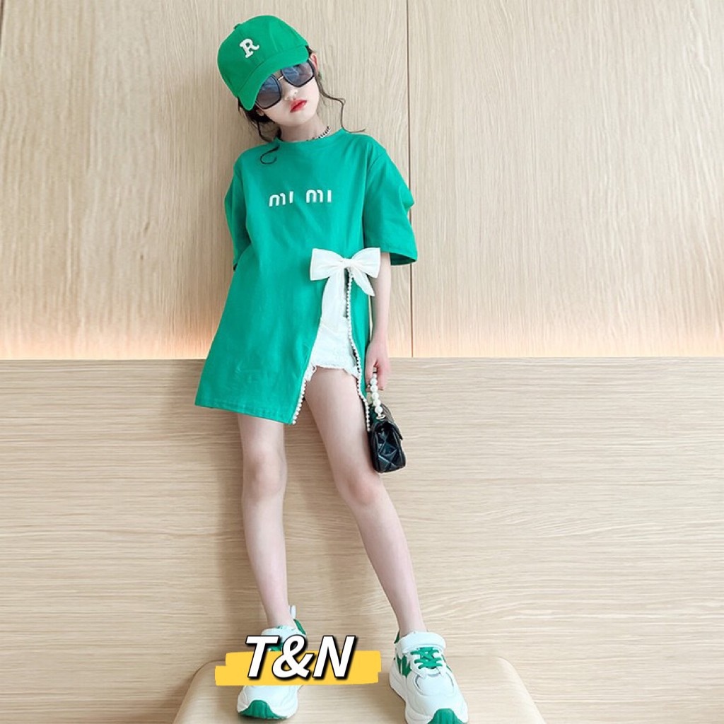 Áo Thun Cotton Mỏng Ngắn Tay Đính Nơ Thời Trang Mùa Hè Cho Bé Gái tặng mũ lưỡi trai