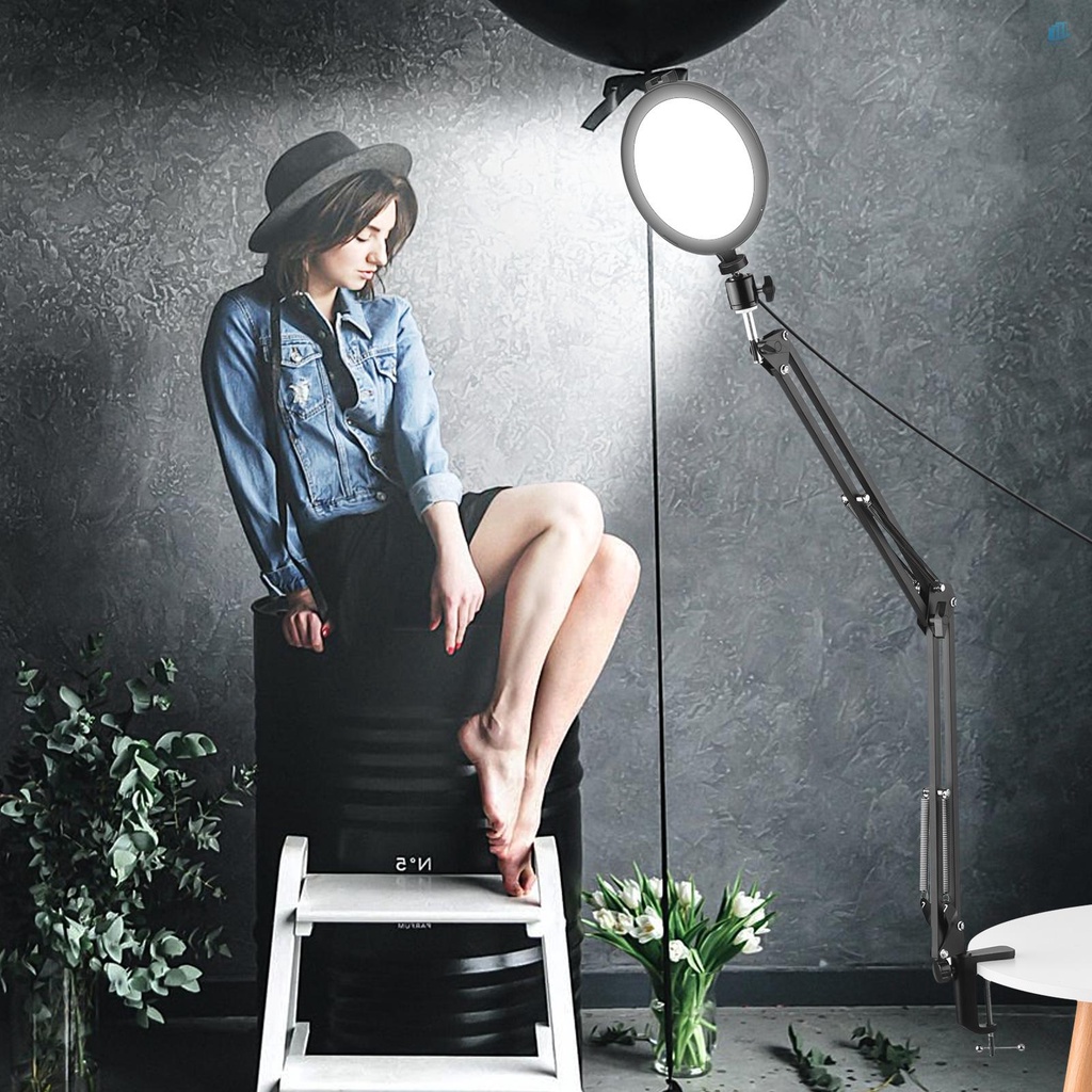 Bộ Đèn LED Tròn 6 Inch Andoer 2 * 5600K USB Kèm Giá Đỡ Kim Loại Để Bàn + 2 Đế Kim Loại Linh Hoạt