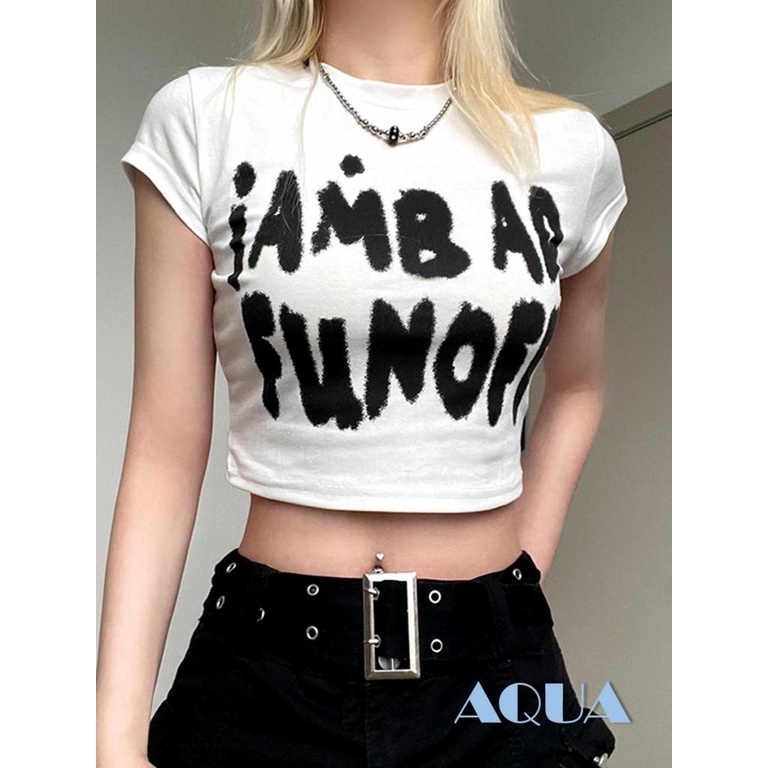 Áo Thun Crop Top Tay Ngắn Cổ Tròn In Chữ Thời Trang Mùa Hè Cho Nữ
