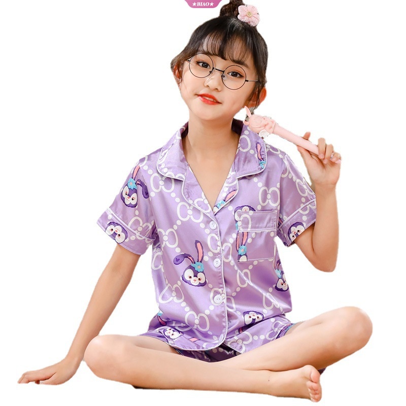 Bộ Đồ Ngủ Tay Ngắn Bằng Lụa Lạnh In Họa Tiết Kuromi My Melody Cinnamoroll Dễ Thương Thời Trang Mùa Hè Cho Bé Gái