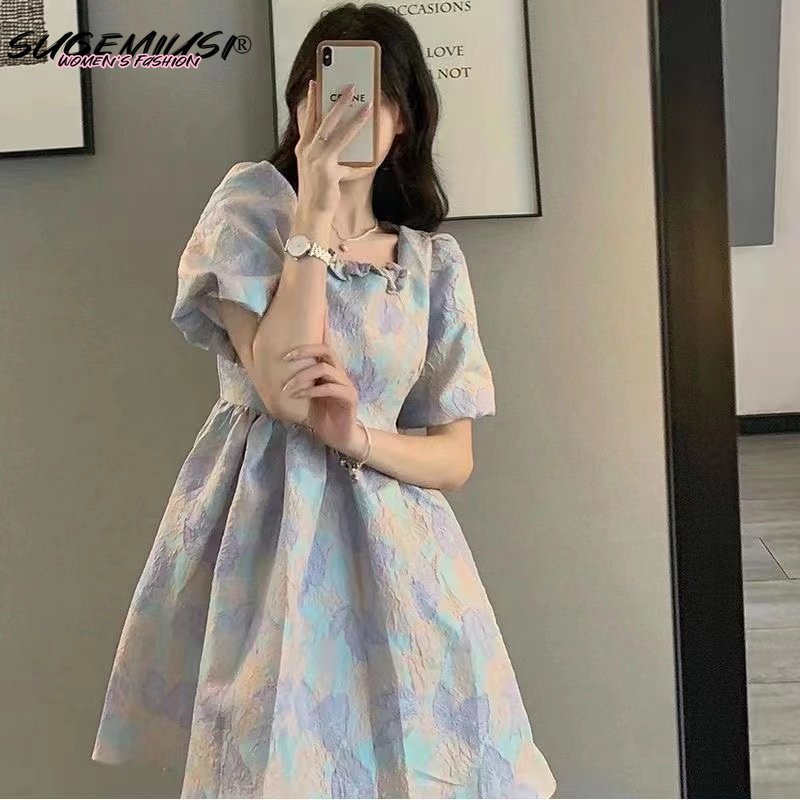 Sugemiusi Đầm Tay Phồng In Họa Tiết Phong Cách Cung Điện Mùa Hè Mới Cho Nữ