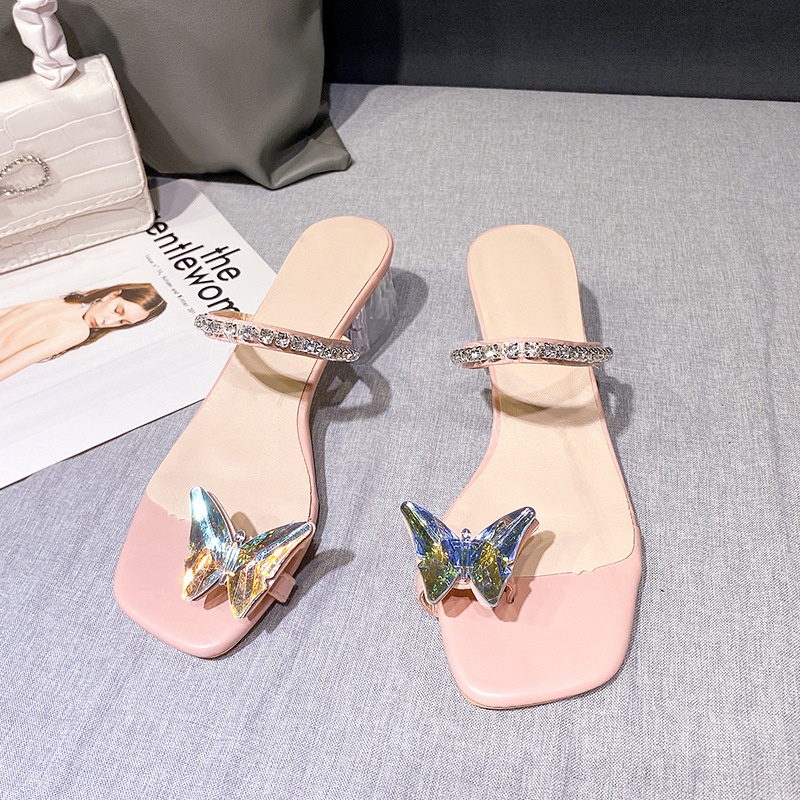 Dép Cao Gót Đế Dày Chống Trượt Đính Đá Pha Lê Thời Trang Mùa Hè Cho Nữ