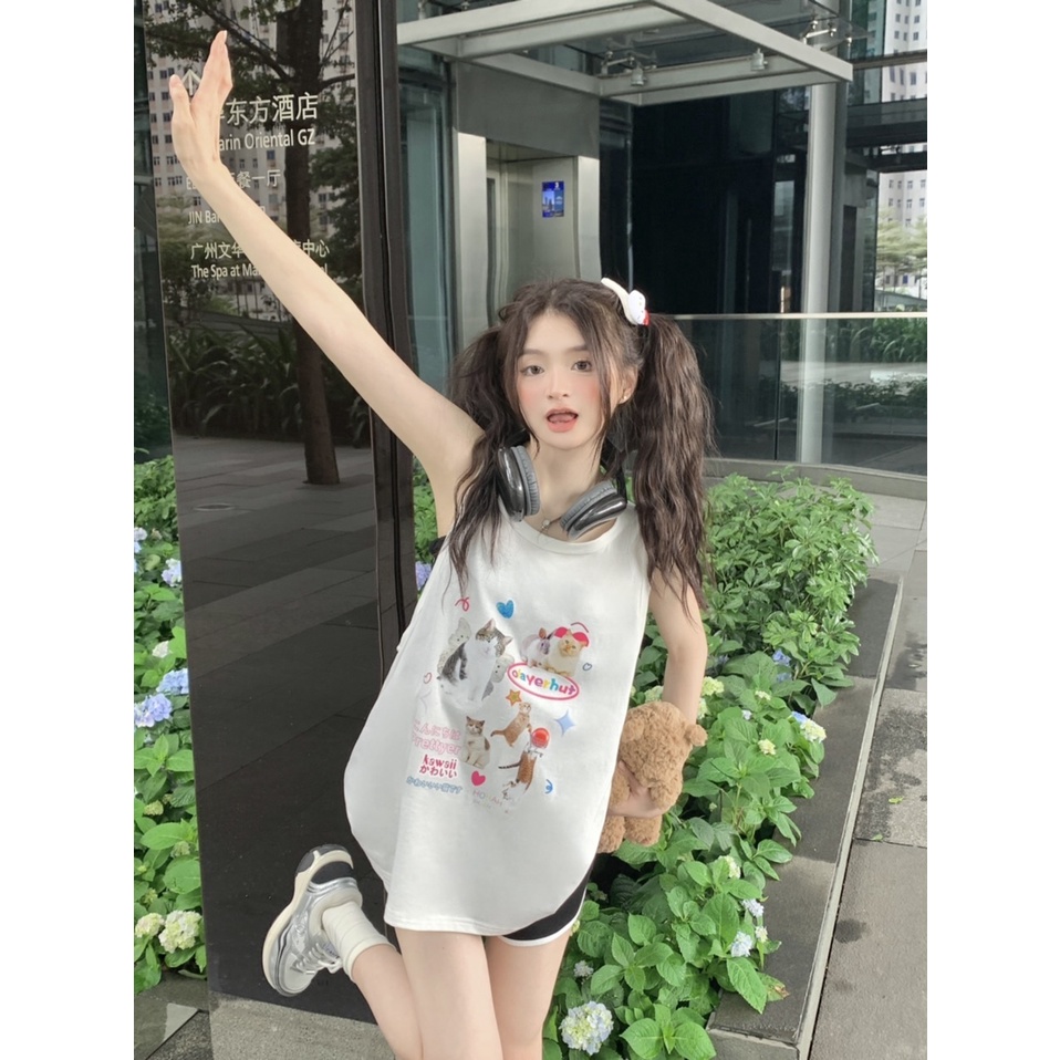 Áo Thun Không Tay In Hình Mèo Dễ Thương Thời Trang Mùa Hè Dành Cho Nữ