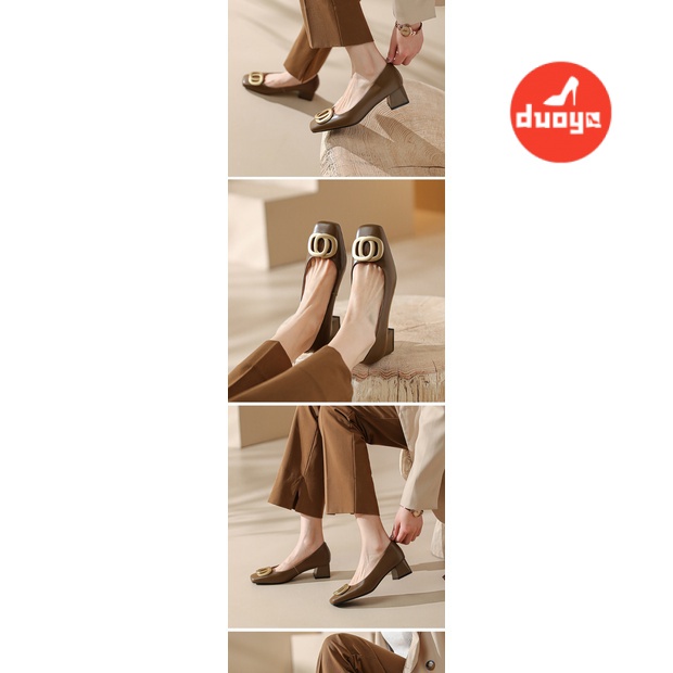 Duoya Giày Cao Gót Mũi Vuông Bằng Da Thật Mềm Mại Phong Cách Retro Cho Nữ