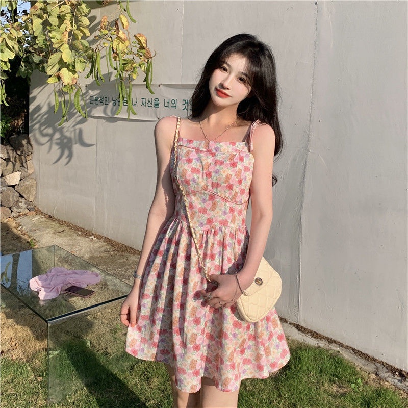 IELGY     Đầm Hai Dây Dáng Chữ A Họa Tiết Hoa Nhẹ Nhàng Nữ Tính