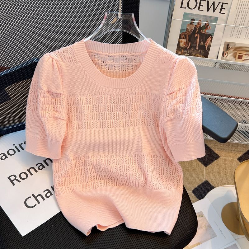 Xiaoxiang Áo Sweater Lụa Lạnh Mỏng Tay Ngắn Khoét Lỗ Màu Hồng Phong Cách Mùa Xuân 2023 Mới Chất Lượng Cao Cho Nữ
