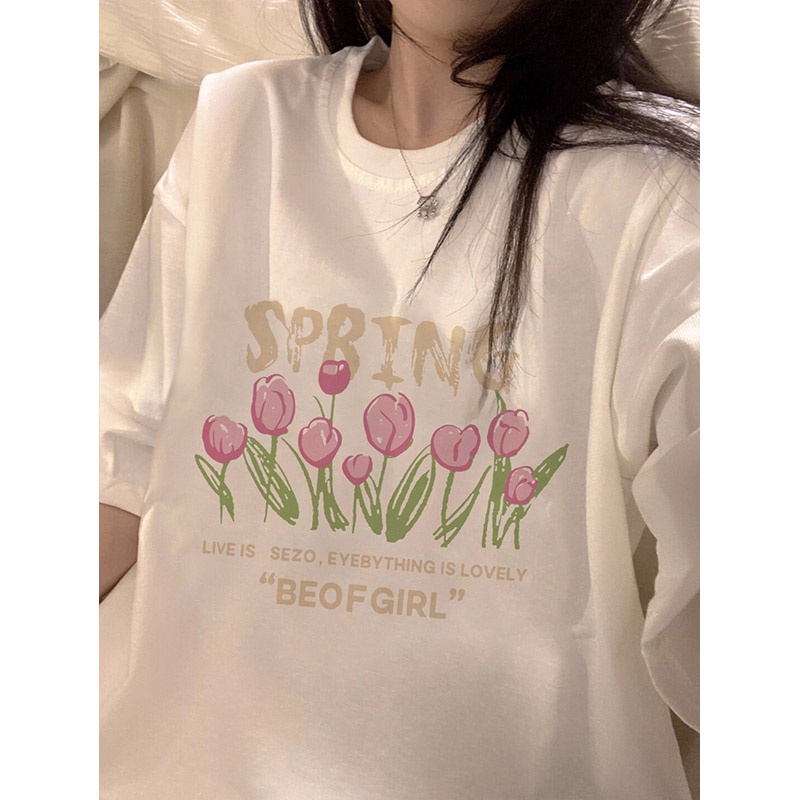 Áo Thun Nữ Ngắn Tay In Hoa Phong Cách Hàn Quốc